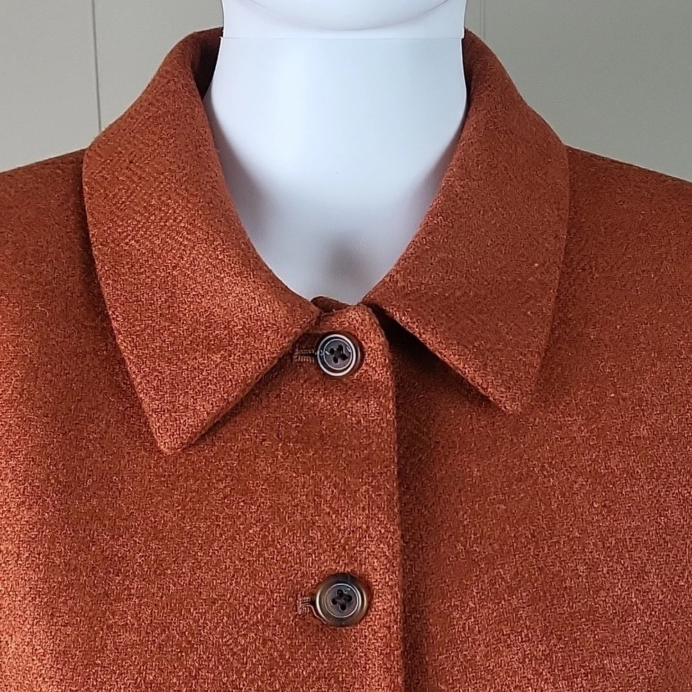 Lands End 100% Wool Tweed Burnt Orange Button Front Jacket Blazer
